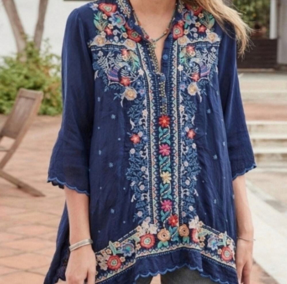 Johnny Was Embroidered Tunic Top Small Navy Floral Boho Cupra Rayon